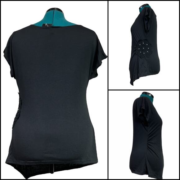 Luv Me More Asymmetrical Scoop Neck Tee Shirt Top Embellished Plus Size 1X Black - Picture 2 of 12